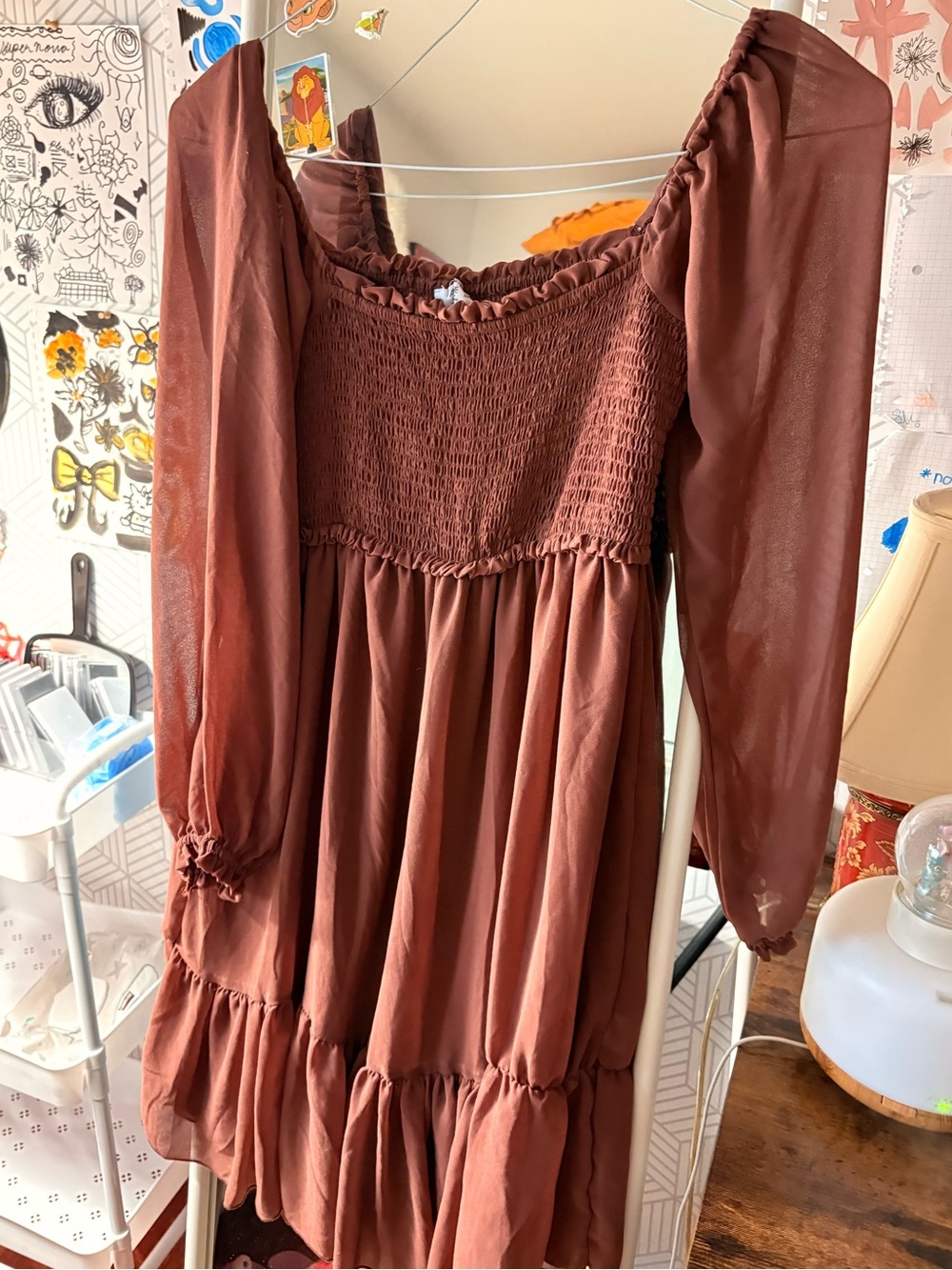 Ardene Brown Smocked Long Sleeve Tiered Mini Dress